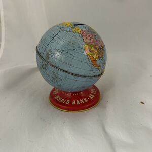 VTG Ohio Art Litho Tin Metal World Globe Bank “Save & Prosper